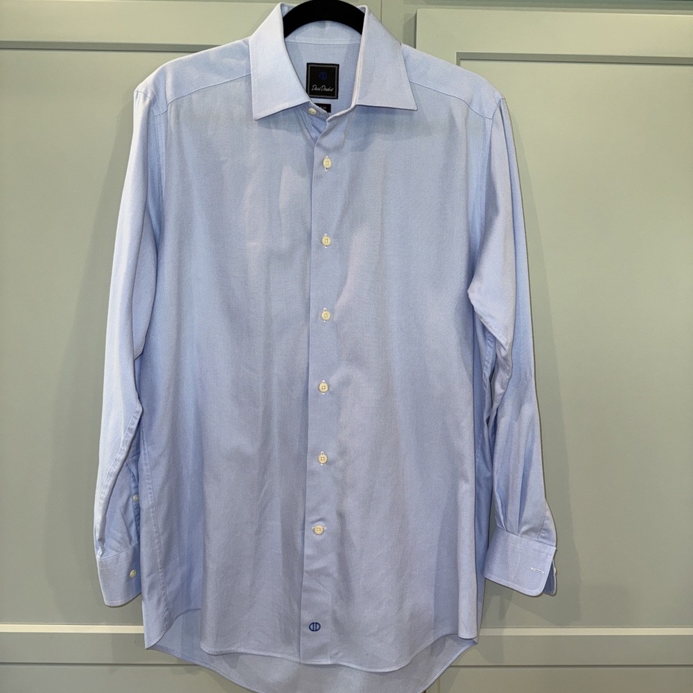 David Donahue Men's TRIM Fit‎ 16 32/33 Blue White Design Dress Shirt